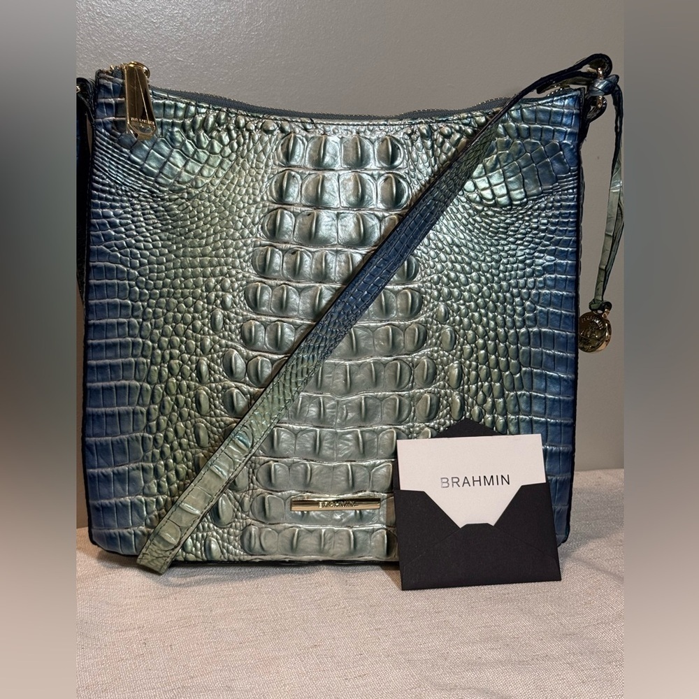 Brahmin Blue Katie Melbourne Teal Ombre Croc-Embossed Shoulder Bag - Picture 4 of 16